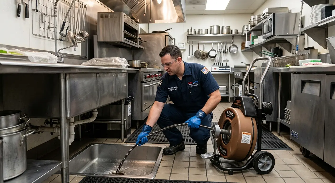 Commercial drain cleaning service in a restaurant kitchen in White