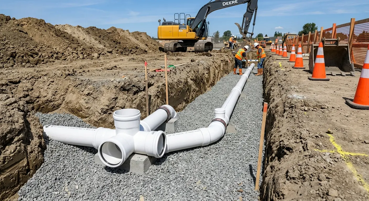 New PVC sewer pipe installation in open trench for Grease Trap Cleaning in White