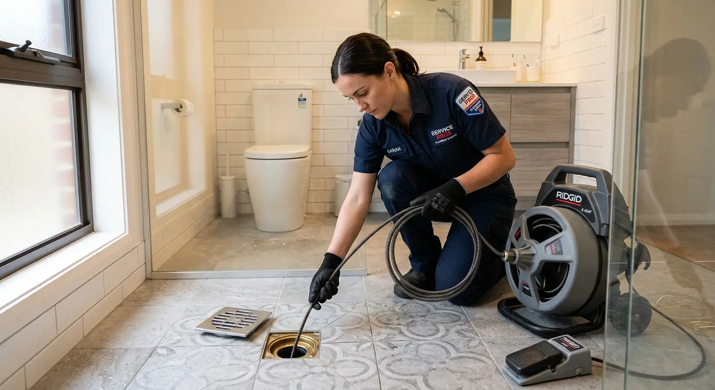 Technician clearing a bathroom floor drain for Hydro Jetting in White